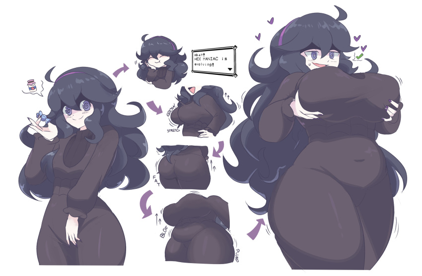 1girl @_@ absurdres ahoge alternate_breast_size arrow_(symbol) ass ass_expansion belly bottle breast_expansion breasts candy curvy evolution food growth gus_(emmarrgus) hairband heart hex_maniac_(pokemon) highres huge_breasts large_breasts long_hair milk_bottle moomoo_milk navel plump pokemon pokemon_(game) pokemon_xy purple_hair purple_hairband spoken_heart thick_thighs thighs