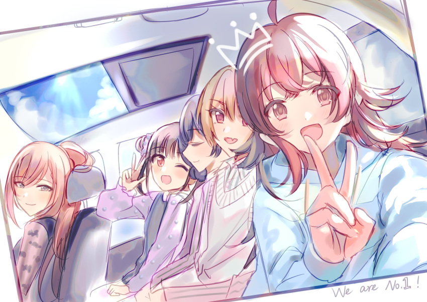 5girls absurdres arisugawa_natsuha blush car_interior highres houkago_climax_girls_(idolmaster) idolmaster idolmaster_shiny_colors kevn komiya_kaho looking_at_viewer morino_rinze multiple_girls photo_(object) saijo_juri selfie sonoda_chiyoko sunroof v w