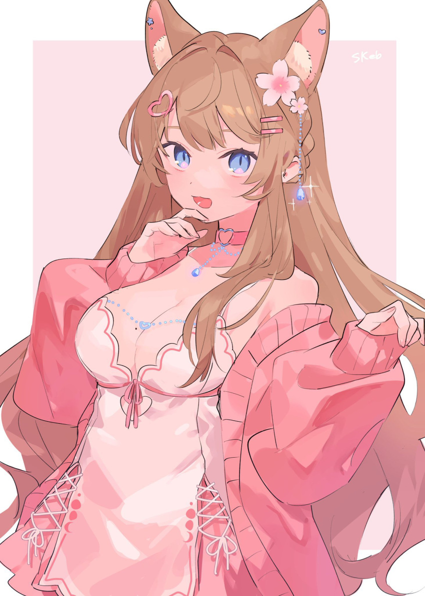 1girl animal_ears blonde_hair blue_eyes breasts cardigan cat_ears cat_girl cleavage commission dress ear_piercing earrings highres jewelry long_hair long_sleeves open_mouth piercing pink_theme sakurai_hana skeb_commission smile solo tarouoga vdonburi virtual_youtuber