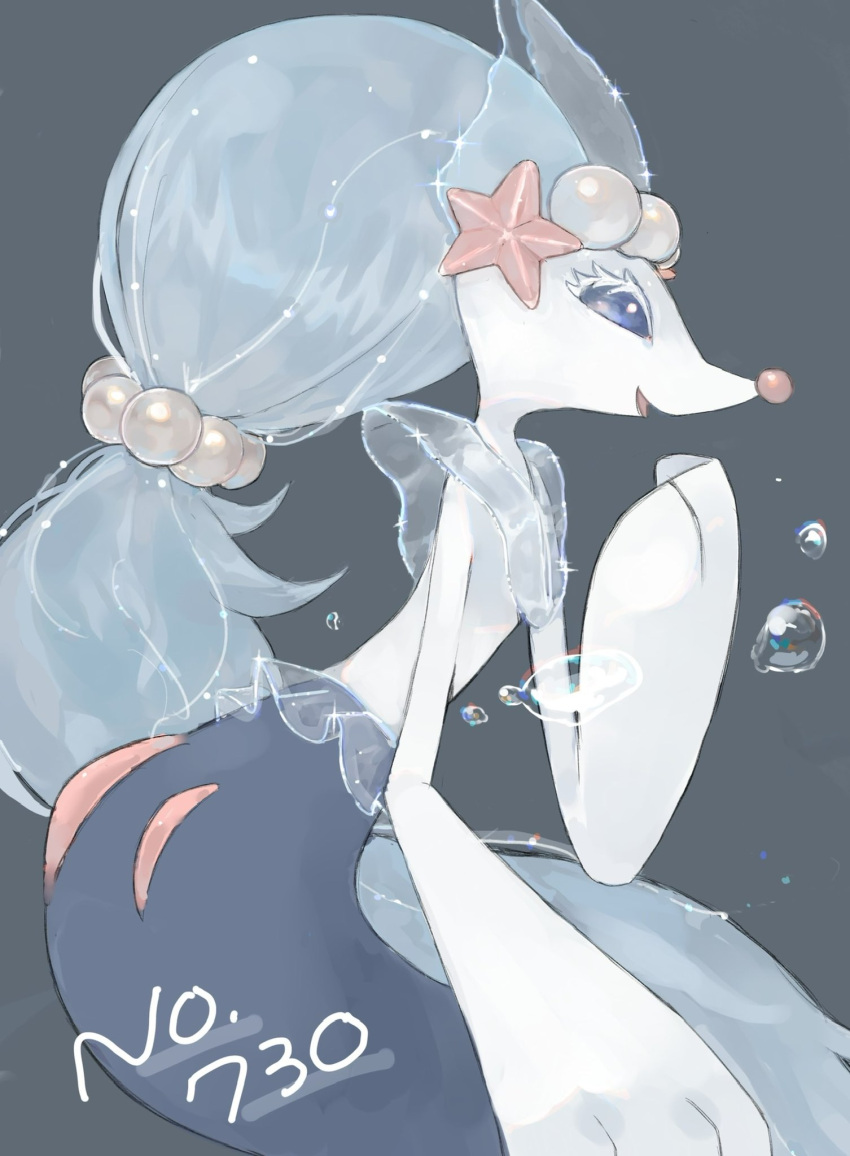 asterozoan beady_eyes big_hair blue_eyes blue_hair bubble clothing echinoderm eyelashes female feral gem grey_background hair hi_res marine natsumekan nintendo open_mouth pearl_(gem) pok&eacute;mon pok&eacute;mon_(species) primarina semi-anthro simple_background small_waist smile solo starfish starfish_(accessory) translucent translucent_clothing video_games white_eyelashes