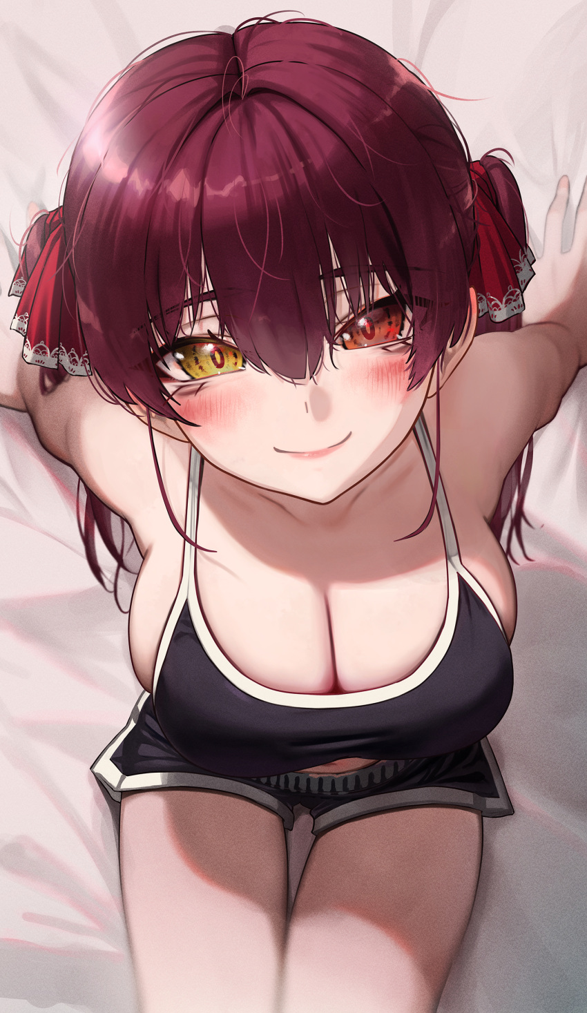 1girl absurdres arm_support bangs bare_arms bed_sheet black_shorts black_sports_bra blush breasts cleavage closed_mouth cowboy_shot duplicate from_above hair_between_eyes hair_ribbon highres hololive houshou_marine large_breasts long_hair looking_at_viewer on_bed pixel-perfect_duplicate red_eyes red_hair red_ribbon ribbon short_shorts shorts sitting sitting_on_bed smile solo sports_bra thigh_gap torriet virtual_youtuber yellow_eyes