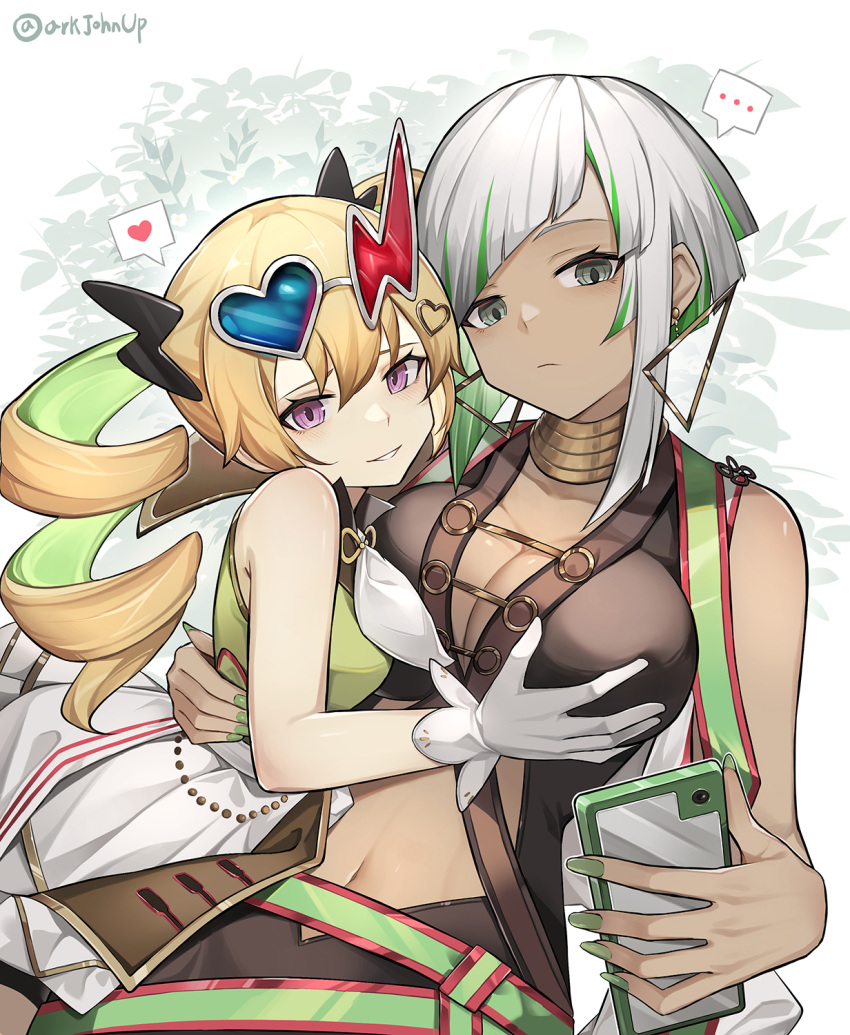 ... 2girls ark_john_up bangs blonde_hair breast_grab breasts cellphone cleavage clothing_cutout dark_skin diagonal_bangs dress duel_monster evil_twin's_trouble_sunny expressionless eyewear_on_head glasses grabbing green_hair hand_on_another's_waist heart highres holding holding_phone large_breasts luna_(dm)_(yu-gi-oh!) multicolored_hair multiple_girls navel phone signature smartphone smirk spoken_heart stomach_cutout strapless strapless_dress sunny_(yu-gi-oh!) twintails white_hair yu-gi-oh! yuri