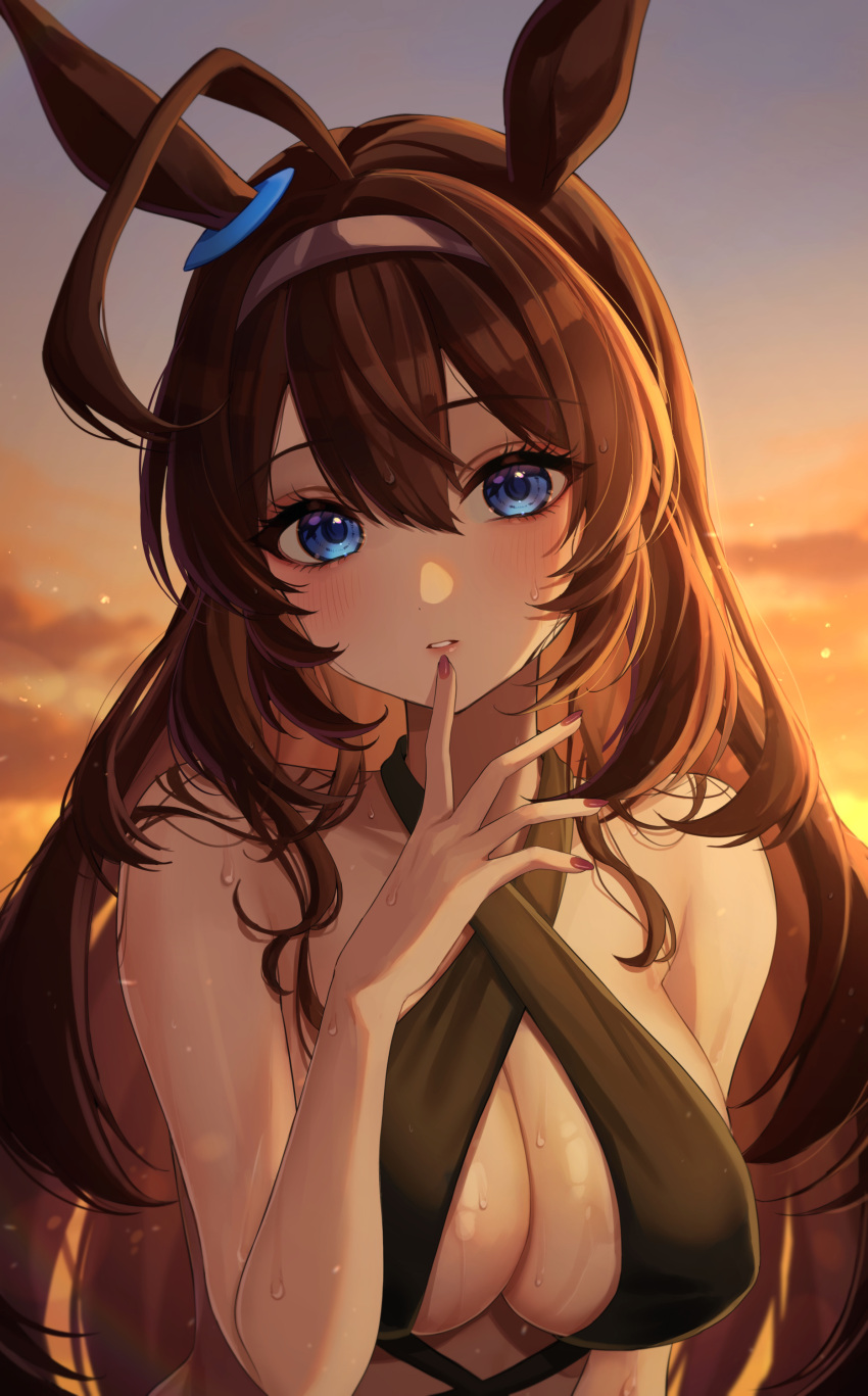 1girl absurdres ahoge animal_ears bare_arms bare_shoulders bikini black_bikini blue_eyes blush breasts brown_hair cleavage covered_nipples ear_ornament finger_to_mouth grey_hairband hair_between_eyes hairband halterneck hand_up highres horse_ears horse_girl kudou_(sikisiki0000) large_breasts long_hair looking_at_viewer mihono_bourbon_(umamusume) outdoors red_nails sky solo sunset swimsuit umamusume upper_body wet