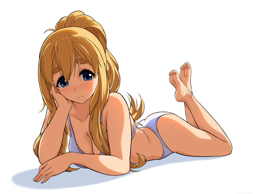 1girl barefoot bikini blonde_hair blue_eyes breasts cleavage highres k-on! kotobuki_tsumugi looking_at_viewer lying medium_breasts on_stomach ponytail simple_background solace solo swimsuit white_background white_bikini