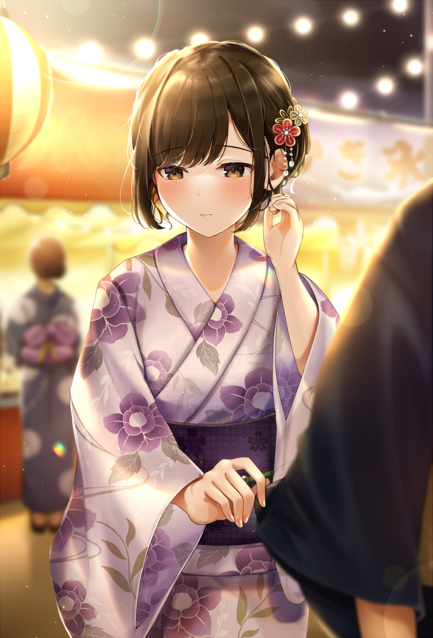 1boy 2girls bangs blurry blurry_background blush brown_eyes brown_hair closed_mouth embarrassed festival floral_print flower food_stand hair_flower hair_ornament hand_up highres japanese_clothes kanzashi kazari_hisa kimono lantern long_hair long_sleeves looking_down market_stall multiple_girls night obi original outdoors outstretched_arm pink_kimono sash sky solo_focus standing yatai yukata