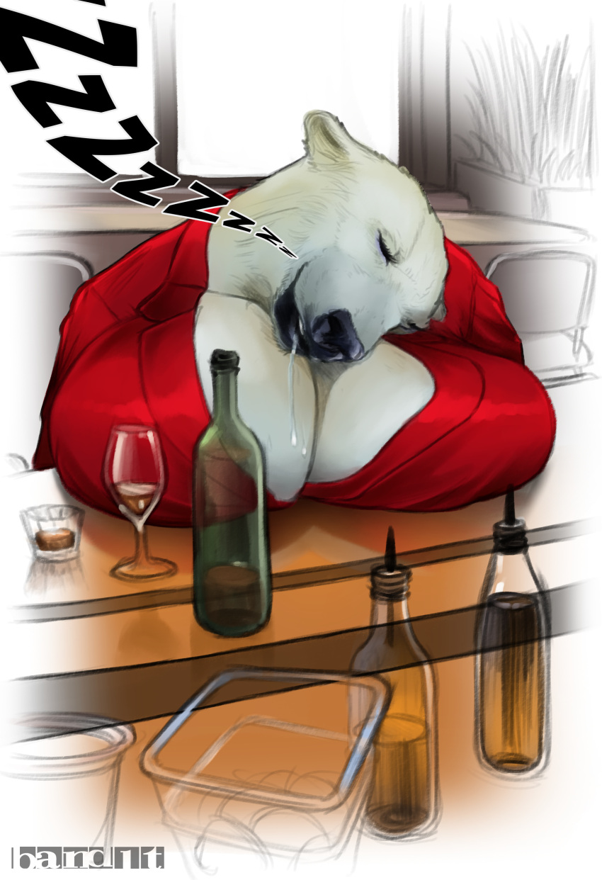 absurd_res alcohol anthro band1tnsfw bar beverage big_breasts bodily_fluids breasts clothing container cup digital_drawing_(artwork) digital_media_(artwork) drinking_glass drooling drooling_on_tits eyelashes eyeshadow female glass glass_container glass_cup hi_res long_eyelashes makeup mammal mature_female meme polar_bear portrait red_clothing saliva sleeping solo sound_effects suit suit_jacket thick_thighs ursid ursine wine wine_bottle wine_glass