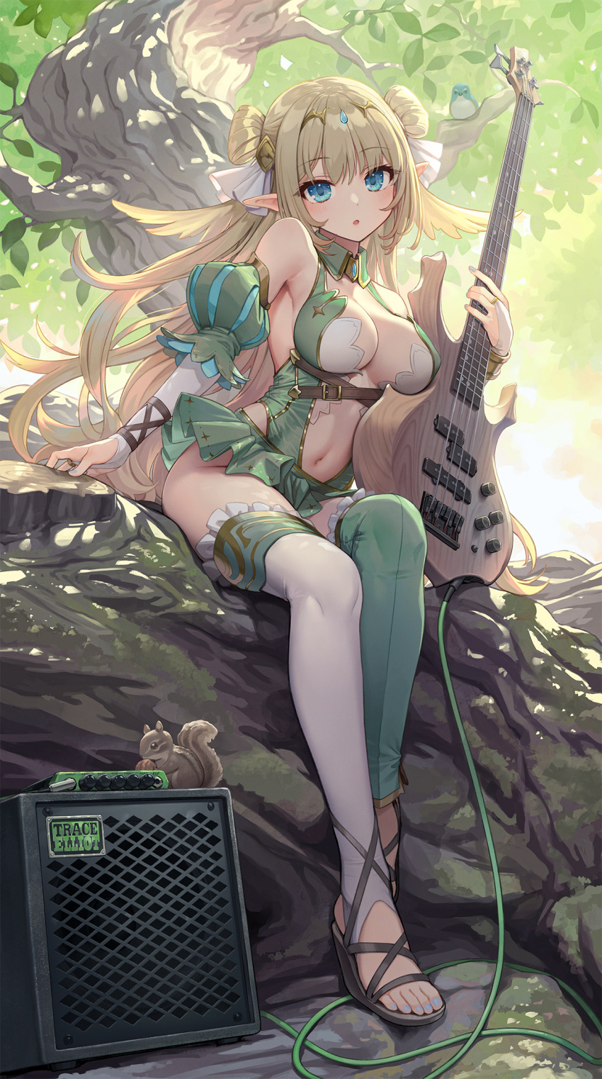 1girl :o amplifier asymmetrical_legwear bare_shoulders bass_guitar blonde_hair blue_eyes breasts bridal_gauntlets center_opening cleavage detached_sleeves double_bun elf frilled_legwear gold_trim green_skirt green_thighhighs hair_bun hair_ornament highres holding instrument kurobuta_gekkan large_breasts long_hair looking_at_viewer microskirt mismatched_legwear navel open_mouth original pointy_ears puffy_sleeves revealing_clothes sandals side_cutout sitting skirt solo stomach thighhighs thighs toeless_legwear tree very_long_hair white_thighhighs wing_collar