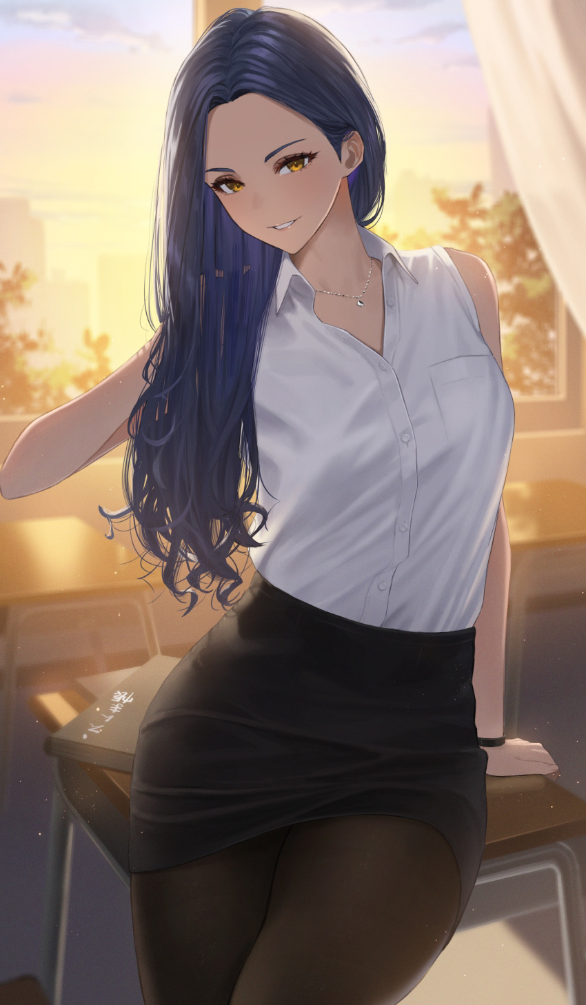1girl absurdres arm_support bare_arms black_pantyhose black_skirt blue_hair blurry book brown_eyes classroom collared_shirt cowboy_shot curly_hair curtains depth_of_field desk evening grin hair_behind_ear hair_over_shoulder hand_up hara_kenshi highres indoors jewelry long_hair necklace on_desk original pantyhose parted_lips pencil_skirt shirt shirt_tucked_in sitting skirt sleeveless sleeveless_shirt smile solo sunset teacher white_shirt window wristband