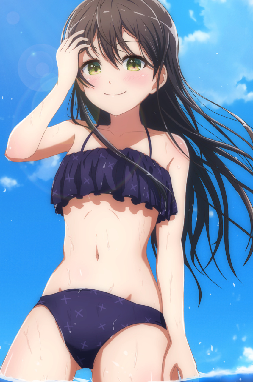 1girl bang_dream! bikini black_hair blush from_below green_eyes groin hair_between_eyes hanazono_tae hand_in_own_hair hand_up highres lens_flare long_hair looking_at_viewer navel noshimurin outdoors sky smile solo swimsuit wading water wet