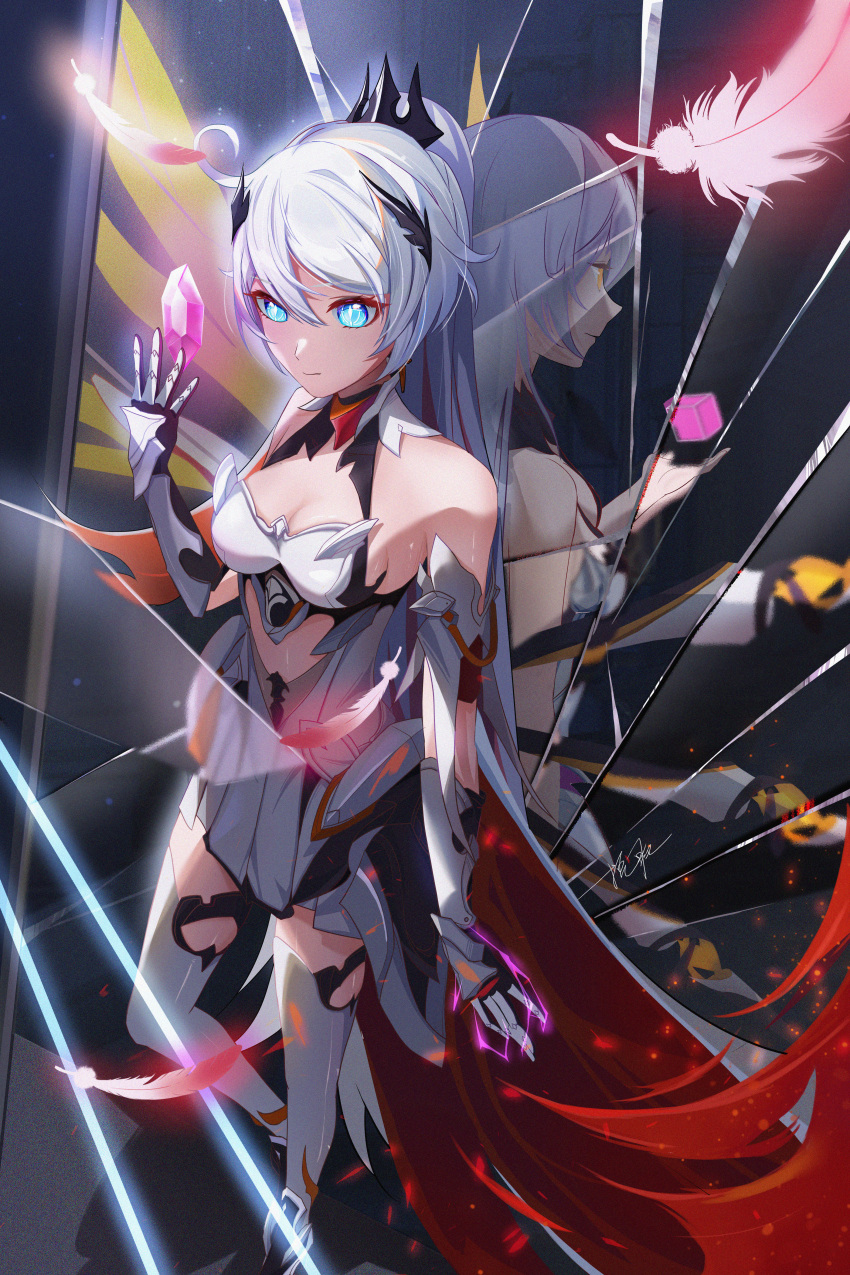 1girl absurdres ahoge armor armored_boots back-to-back bangs bare_shoulders blue_eyes boots breasts cleavage closed_mouth crystal different_reflection dress feathers gauge hair_between_eyes hair_ornament highres honkai_(series) honkai_impact_3rd kiana_kaslana kiana_kaslana_(herrscher_of_flamescion) kiana_kaslana_(herrscher_of_the_void) mirror ooo_wange ponytail reflection shards single_wing sleeveless sleeveless_dress solo white_dress white_hair wing_collar wings yellow_background