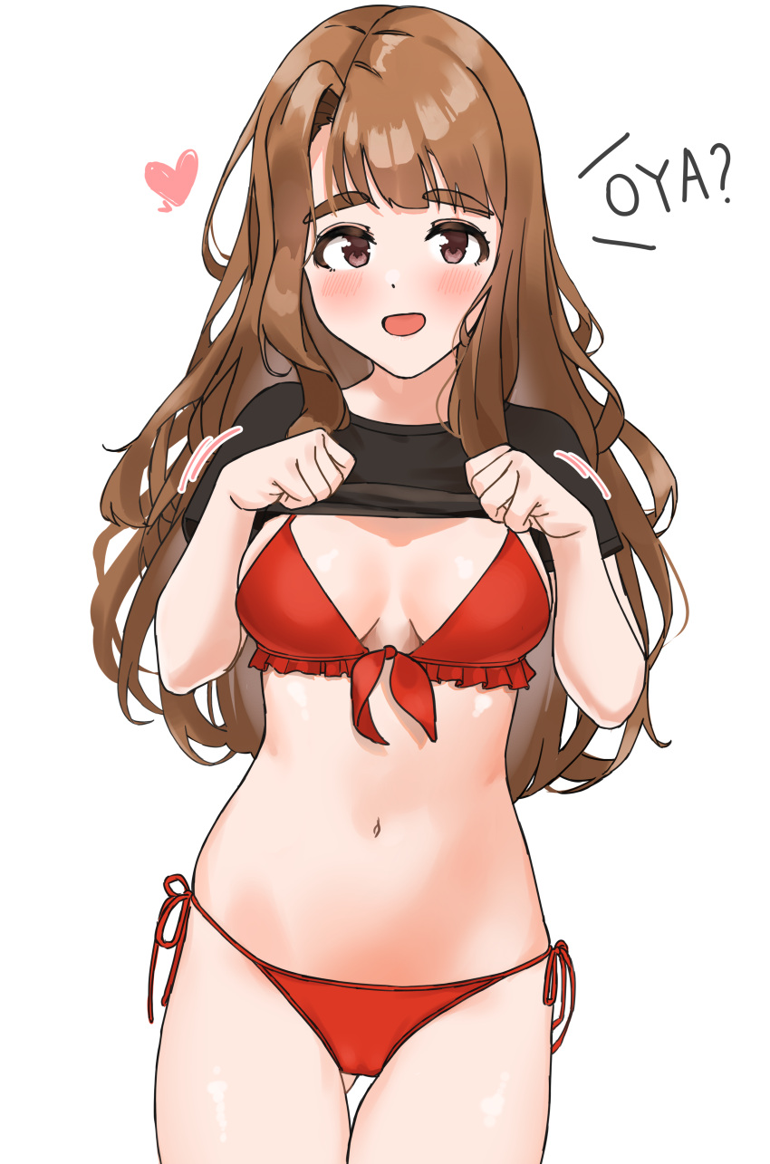 1girl absurdres bikini black_shirt brown_eyes brown_hair clothes_lift cowboy_shot frilled_bikini frills front-tie_bikini front-tie_top highres idolmaster idolmaster_million_live! long_hair looking_at_viewer maguroya miyao_miya red_bikini shirt shirt_lift side-tie_bikini simple_background solo swimsuit thick_eyebrows thigh_gap white_background