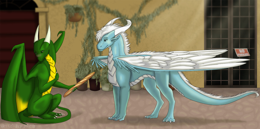 2_horns 4_toes baguette blue_body blue_eyes blue_scales blush bread detailed_background dragon duo feathered_wings feathers feet feral food fur green_body green_scales green_wings horn icy-marth looking_happy male plant scales thorn_(character) toes wings yellow_body yellow_scales yellow_wings