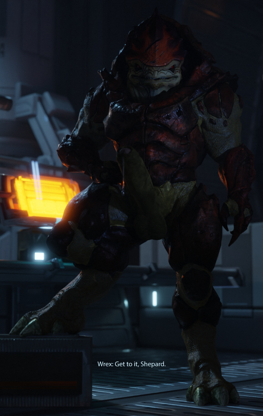 4_balls alien balls blender_(disambiguation) bodily_fluids dialogue dripping english_text erection facial_scar foreskin genital_fluids genitals hand_on_hip hi_res humanoid_genitalia humanoid_penis inside krogan looking_at_viewer male mass_effect multi_balls multi_genitalia muscular muscular_male nude partially_retracted_foreskin penis precum precum_drip precum_string presenting presenting_penis pupils raised_leg red_eyes rooking scar slit_pupils solo step_pose text urdnot_wrex video_games