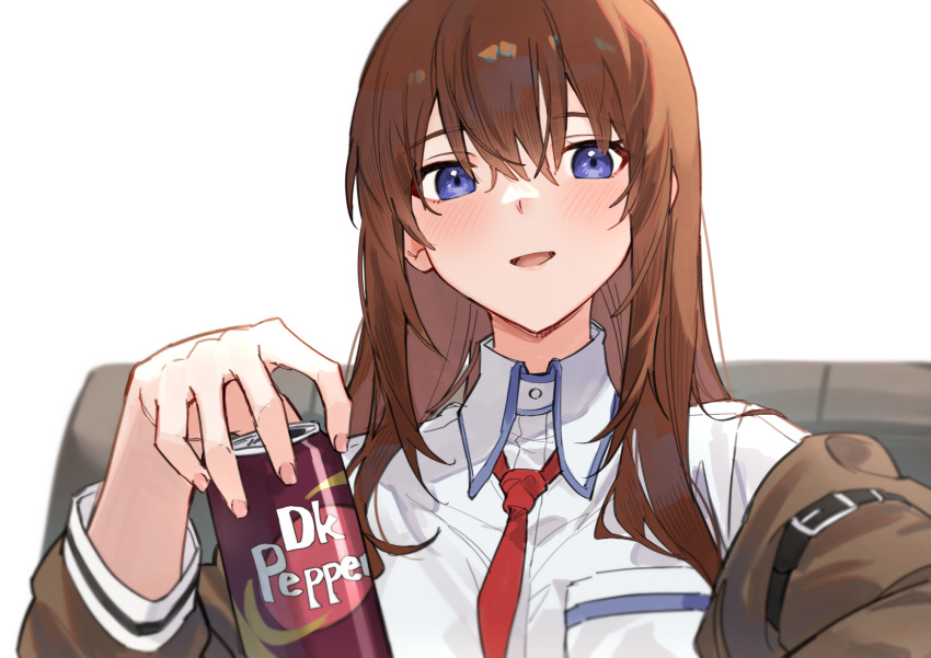 1girl :d bangs blue_eyes blush brown_hair brown_jacket can collared_shirt fingernails hair_between_eyes highres holding holding_can jacket long_hair long_sleeves looking_at_viewer makise_kurisu necktie off_shoulder open_clothes open_jacket open_mouth red_necktie shirt simple_background smile soda_can solo steins;gate tsukino_(nakajimaseiki) upper_body white_background white_shirt