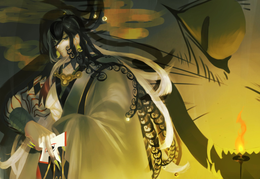 1boy animal ashiya_douman_(fate) asymmetrical_clothes asymmetrical_hair black_eyes black_hair cat curly_hair earrings eyeshadow fate/grand_order fate_(series) feet_out_of_frame fingernails green_eyeshadow green_kimono green_lips green_nails hadanugi_dousa hair_between_eyes hair_intakes highres holding japanese_clothes jewelry kimono lantern large_hands long_hair looking_at_viewer magatama magatama_earrings makeup male_focus multicolored_hair onmyouji open_clothes open_kimono oversized_animal pectorals ribbed_sleeves shadow sharp_fingernails shikigami smile tengusa_(sinobazu_not) toned toned_male two-tone_hair underpec very_long_fingernails very_long_hair white_hair wide_sleeves