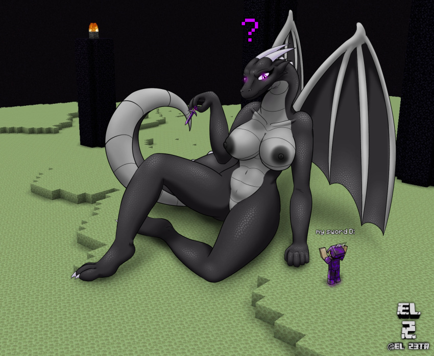 3_toes 5_fingers anthro areola armor big_breasts big_tail black_areola black_body black_nipples breasts claws dragon duo el_zeta ender_dragon eyelashes feet female fingers genitals glowing glowing_eyes grey_body hi_res horn jean_(minecraft) long_neck male melee_weapon membrane_(anatomy) membranous_wings microsoft minecraft mojang narrowed_eyes nipples purple_eyes pussy question_mark scales sitting steve_(minecraft) sword text toe_claws toes video_games weapon wings xbox_game_studios