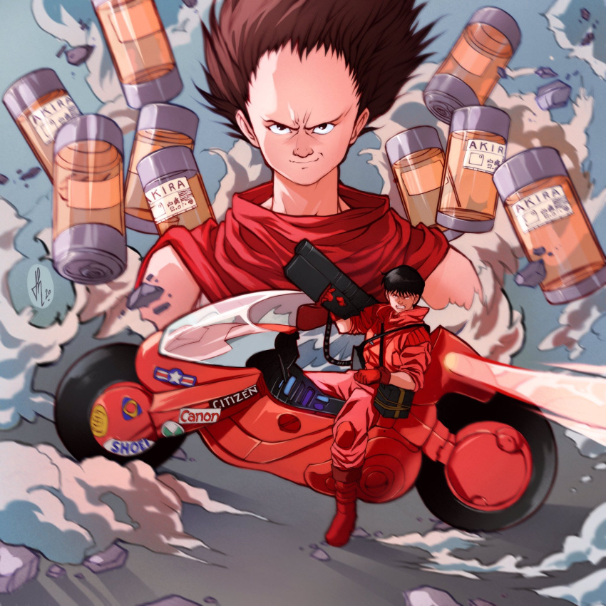2boys akira biker_clothes black_eyes black_hair boots brown_hair clenched_teeth debris dust_cloud forehead full_body ground_vehicle gun hair_between_eyes hair_slicked_back highres holding holding_gun holding_weapon jacket kaneda_shoutarou kaneda_shoutarou's_bike knee_boots male_focus motor_vehicle motorcycle multiple_boys on_motorcycle pants pill_bottle red_footwear red_jacket red_pants red_scarf scarf shima_tetsuo short_hair sleeves_rolled_up smoke teeth tholia_bentz upper_body weapon