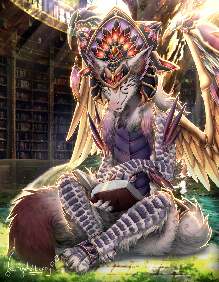 absurd_res amber_eyes anthro black_sclera book bookshelf claws crown crystalberry digitigrade dragon feathered_wings feathers fluffy fur furniture gold_(metal) gold_jewelry hands_behind_head hi_res inside jewelry looking_at_viewer loose_feather male managarmr orange_wings pinup pose pupils purple_spots quill slit_pupils smile smug solo spots white_body white_fur wings