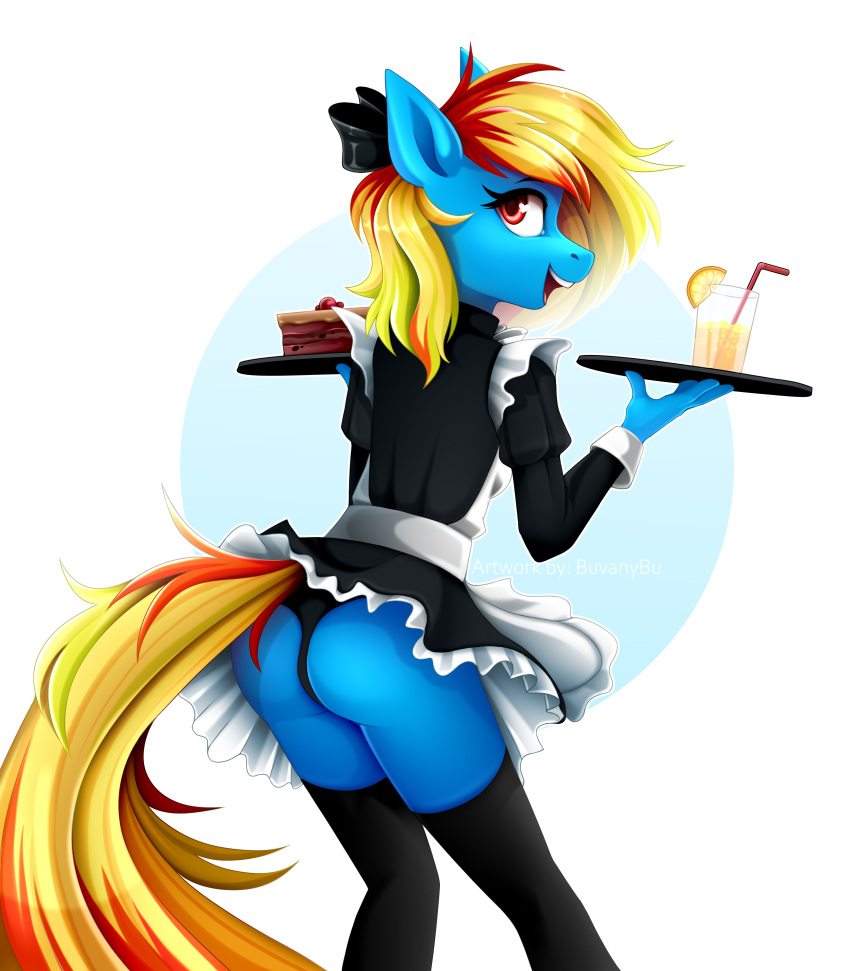 absurd_res accessory anthro beverage blue_body blue_fur bottomwear bow_(feature) bow_accessory bow_ribbon butt buvanybu cake clothing container cup dessert drinking_glass earth_pony equid equine fan_character female food fur geometric_background glass glass_container glass_cup hair hair_accessory hair_bow hair_ribbon hasbro hi_res holding_object horse lemon looking_at_viewer maid_uniform mammal miniskirt multicolored_hair my_little_pony open_mouth panties pony portrait rear_view ribbons simple_background skirt smile solo straw tail_under_skirt three-quarter_portrait tray two_tone_hair underwear uniform