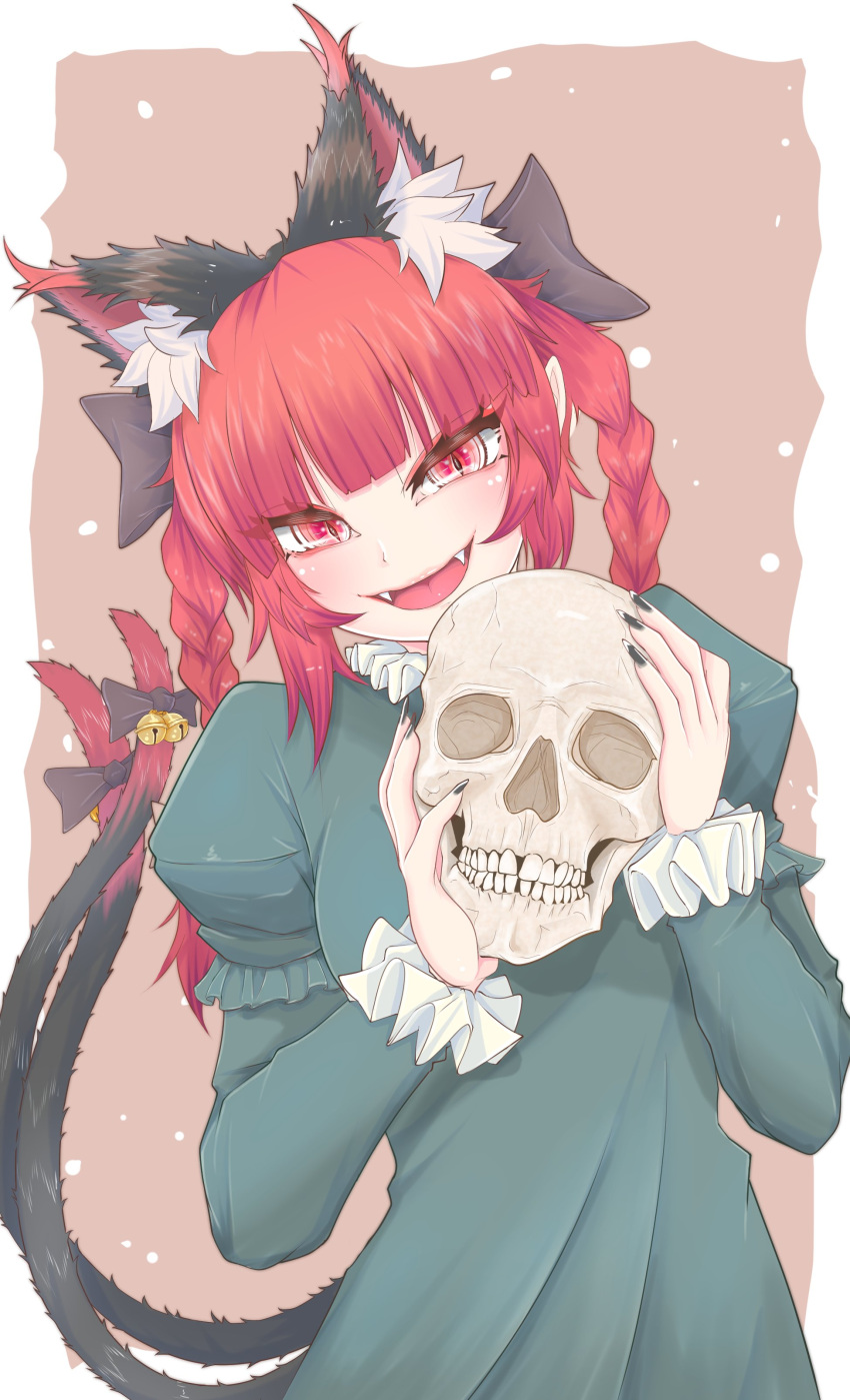 1girl absurdres animal_ear_fluff animal_ears bangs bell cat_ears cat_tail cowboy_shot cube85 dress extra_ears fangs green_dress highres holding holding_skull juliet_sleeves kaenbyou_rin long_sleeves looking_at_viewer multiple_tails nekomata open_mouth pointy_ears puffy_sleeves red_eyes red_hair skull slit_pupils smile solo standing tail tail_bell tail_ornament touhou two_tails