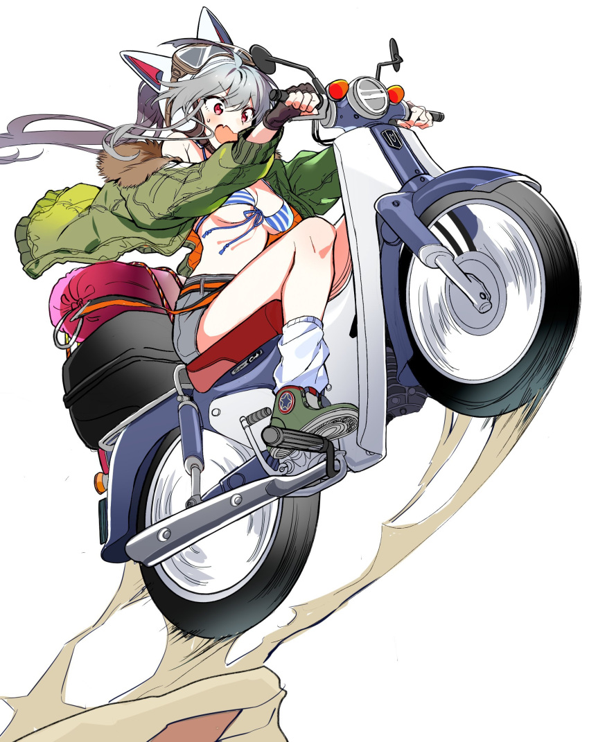 1girl :d absurdres bare_shoulders belt bikini bikini_top_only black_gloves breasts fang fingerless_gloves front-tie_bikini front-tie_top fur_trim gloves goggles goggles_on_head green_jacket grey_hair grey_shorts ground_vehicle halterneck highres jacket kawachi_rin large_breasts long_hair long_sleeves loose_socks motor_vehicle motorcycle off_shoulder open_clothes open_jacket open_mouth original riding shoes short_shorts shorts simple_background smile socks solo strap_gap string_bikini striped striped_bikini swimsuit thighs v-shaped_eyebrows white_background white_socks