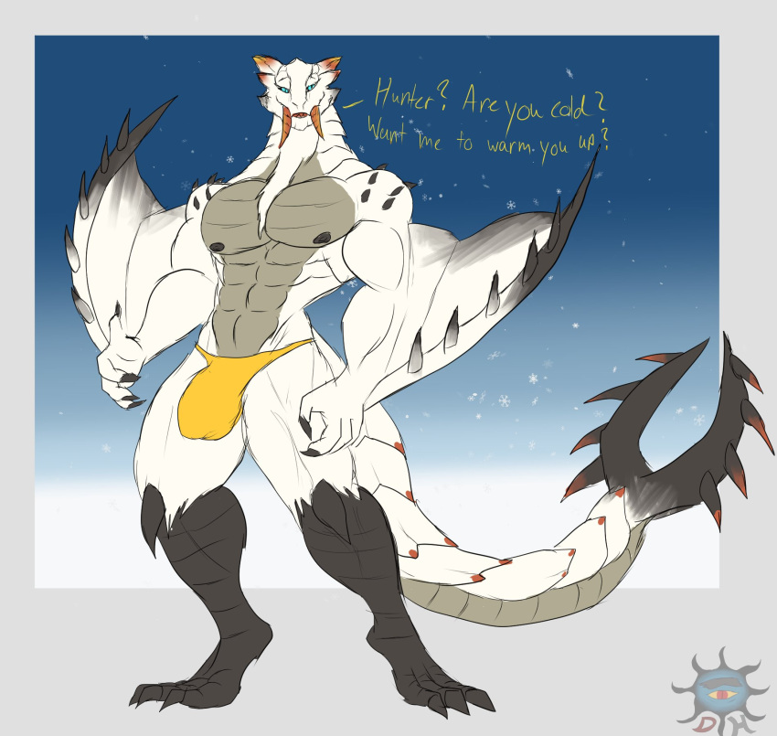 2022 anthro barioth biped black_body black_nipples black_scales blue_background blue_eyes bulge capcom claws daikuhiroshiama dialogue digital_media_(artwork) english_text fangs finger_claws flying_wyvern forked_tail grey_body grey_scales hi_res looking_at_viewer male monster_hunter multicolored_body multicolored_scales muscular muscular_anthro muscular_male nipples scales simple_background solo talking_to_viewer text toe_claws unusual_anatomy unusual_tail video_games white_body white_scales winged_arms wings