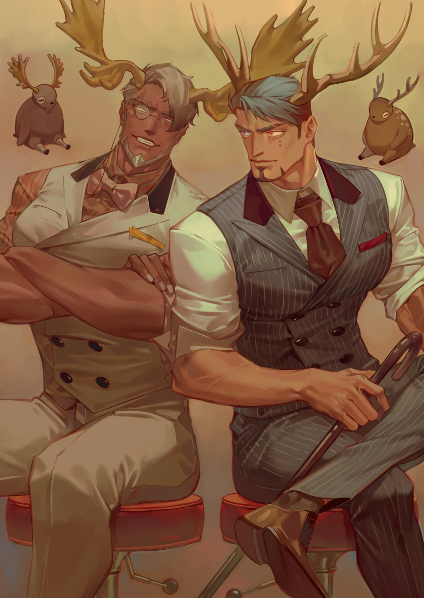 2boys absurdres animal_ears bara beard biceps black_hair blue_eyes blue_hair bow bowtie chair coat crossed_arms dark-skinned_male dark_skin facial_hair highres horns jewelry large_pectorals male_focus manly mature_male monocle multicolored_hair multiple_boys muscular muscular_male necklace original pants pectorals red_eyes reisei_zero shirt shoes sitting smile socks tan teeth thick_arms tight white_hair white_nails