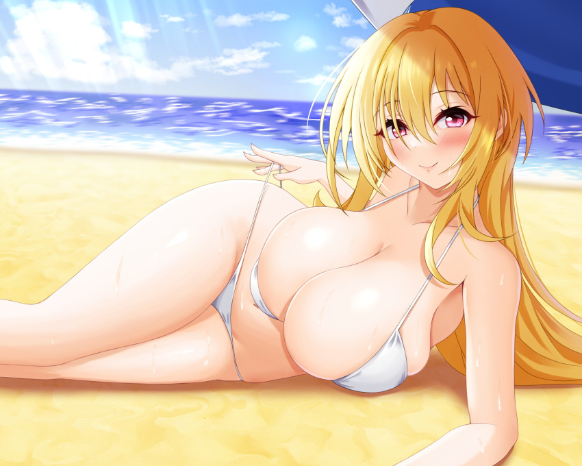 1girl absurdres beach bikini blonde_hair blush breasts cleavage collarbone feet_out_of_frame groin highres horizon huge_breasts idolmaster idolmaster_cinderella_girls kurosaki_chitose light_rays long_hair looking_at_viewer lying navel on_side outdoors panty_tug red_eyes ruuuuuuuryyyyyy sand skindentation smile solo swimsuit very_long_hair white_bikini