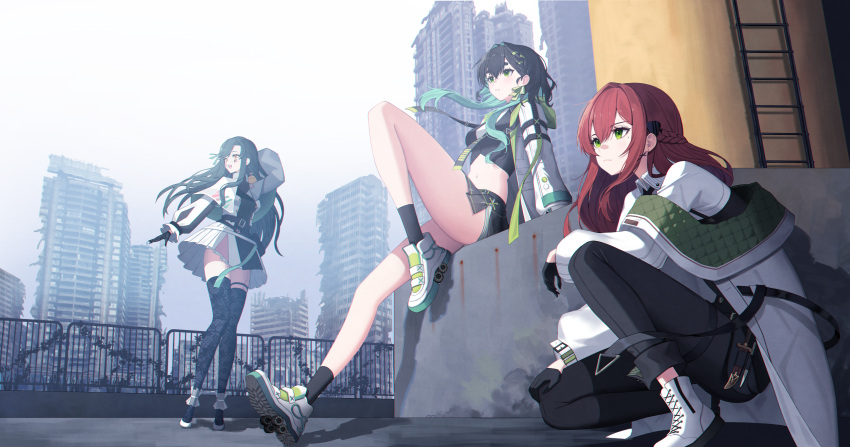 3girls :d absurdres arm_up black_gloves black_hair black_pants black_shirt black_skirt black_socks black_thighhighs braid breasts building capelet coat colored_inner_hair commission crop_top expressionless gloves green_eyes highres jacket knee_up long_hair long_sleeves looking_away medium_breasts midriff miniskirt mole mole_under_eye multicolored_hair multiple_girls navel off_shoulder open_clothes open_jacket open_mouth orange_eyes original pants pixiv_request pleated_skirt post-apocalypse red_hair shirt shoes sitting skirt skyscraper smile socks squatting standing stomach thigh_strap thighhighs thighs very_long_hair white_coat white_footwear white_jacket white_skirt yuri_(chocho_q) zettai_ryouiki