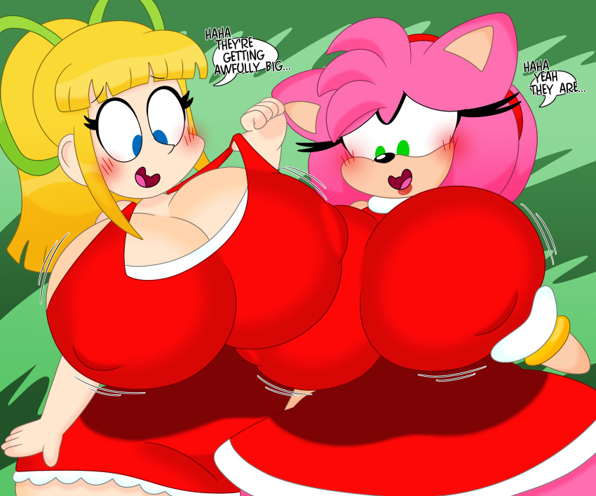 2022 3barts 4k abstract_background absurd_res accessory amy_rose anthro big_breasts blonde_hair blue_eyes blush bouncing_breasts bow_ribbon breast_jiggle breast_squish breasts capcom cleavage clothed clothing curvaceous curvy_figure dialogue digital_drawing_(artwork) digital_media_(artwork) dress duo english_text eulipotyphlan eyelashes female fingers fur gloves green_eyes hair hair_accessory hair_bow hair_ribbon handwear headband hedgehog hi_res holding_breast hourglass_figure huge_breasts humanoid jiggling light-skinned_female light_body light_skin machine mammal mega_man_(series) motion_lines multicolored_body multicolored_fur nipple_outline open_mouth pink_body pink_fur pink_hair ponytail ribbons robot robot_humanoid roll_(mega_man) sega short_hair simple_background small_waist smile sonic_the_hedgehog_(series) squish standing tan_body tan_fur text thick_thighs tongue two_tone_body two_tone_fur video_games voluptuous wide_hips