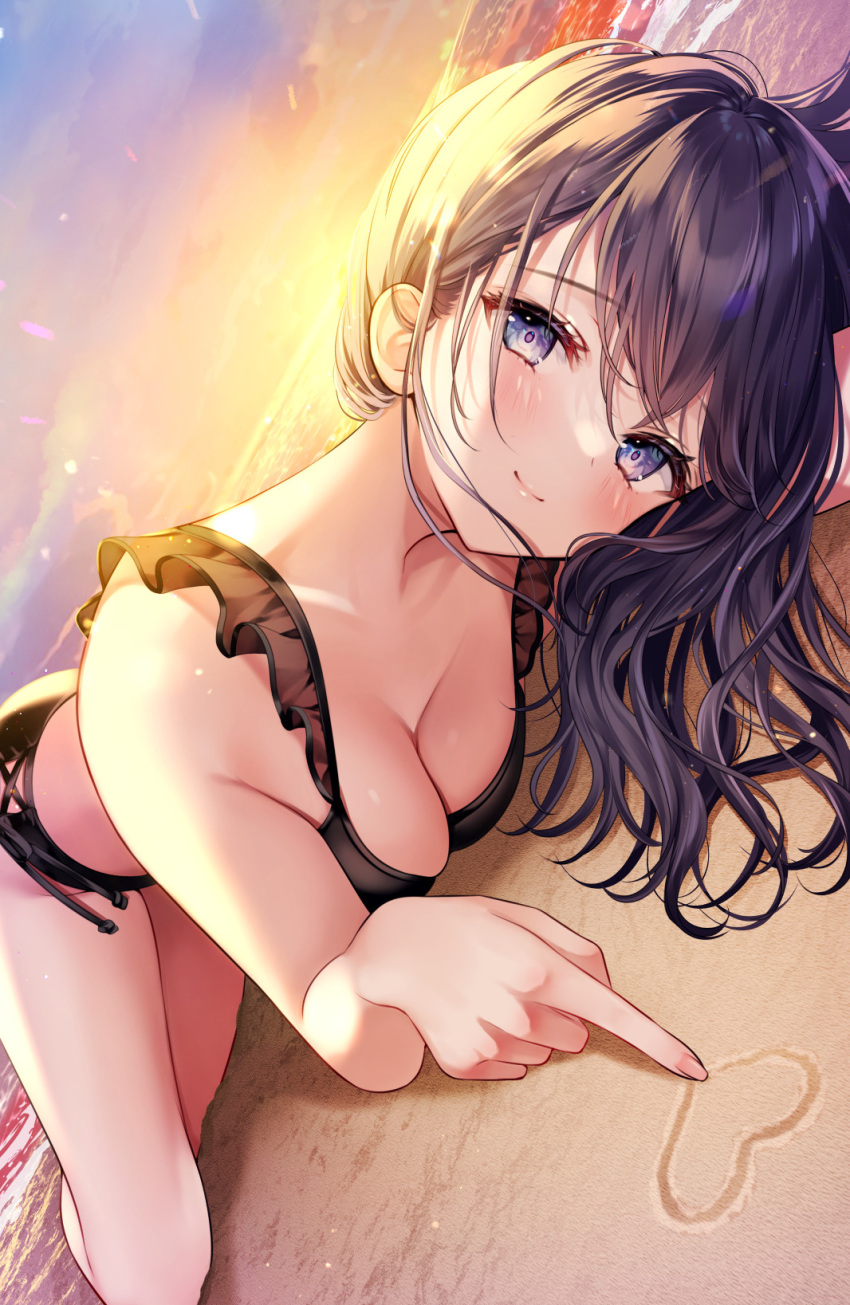 1girl bangs beach bikini black_hair blush breasts cleavage closed_mouth collarbone frilled_bikini frills highres long_hair looking_at_viewer medium_breasts multicolored_hair original purple_eyes purple_hair smile solo sunset swimsuit two-tone_hair yugirlpict