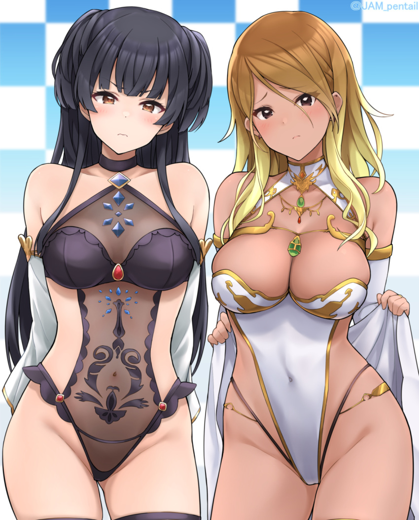 bangs bare_shoulders black_eyes black_hair blonde_hair blush breasts brown_eyes brown_hair cleavage collarbone dark-skinned_female dark_skin gradient_hair highres idolmaster idolmaster_shiny_colors izumi_mei jampen large_breasts long_hair looking_at_viewer mayuzumi_fuyuko medium_breasts multicolored_hair thighs two_side_up