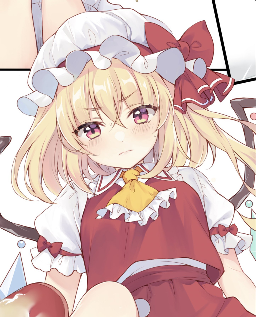 1girl ascot blonde_hair crystal flandre_scarlet hat highres looking_at_viewer mob_cap mugicha_(mugicha0929) one_side_up puffy_short_sleeves puffy_sleeves red_vest short_sleeves skirt solo touhou vest white_headwear wings yellow_ascot