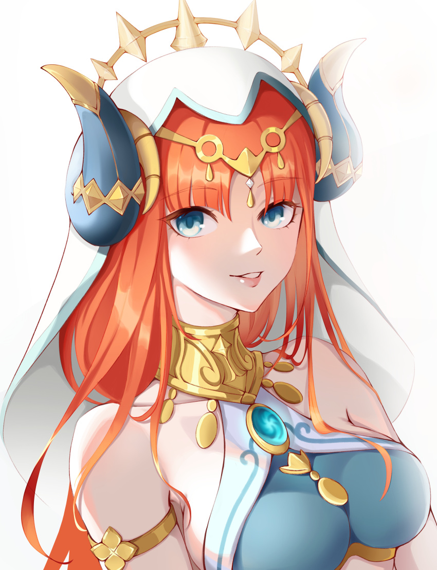 1girl absurdres bangs bare_shoulders blue_eyes breasts brooch commentary genshin_impact grin hamonji highres horns jewelry long_hair looking_at_viewer medium_breasts nilou_(genshin_impact) orange_hair parted_lips simple_background smile solo upper_body veil white_background