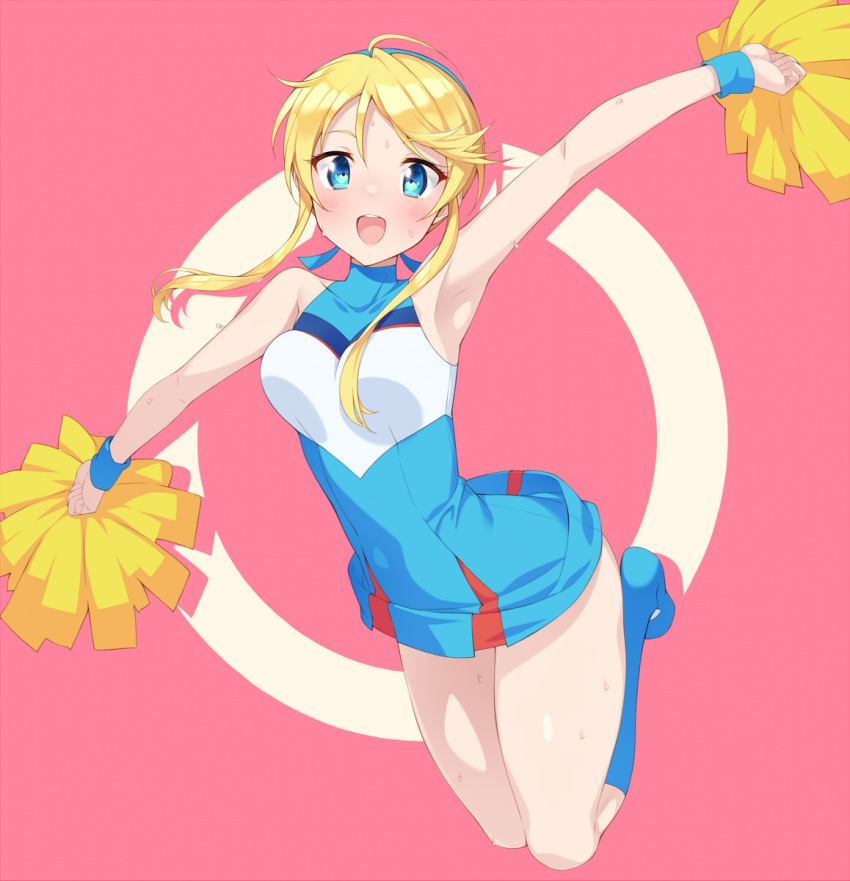 ahoge bangs bare_shoulders blonde_hair blue_eyes blue_socks blush bouncing_breasts breasts cheerleader covered_collarbone dress full_body hairband heroman highres jumping kazuma_(kazumav) kneehighs lina_davis looking_at_viewer medium_breasts open_mouth outstretched_arms pom_pom_(cheerleading) shirt short_dress short_hair_with_long_locks sleeveless sleeveless_shirt sleeveless_turtleneck smile socks swept_bangs thighs turtleneck