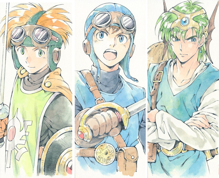 3boys agahari blonde_hair blue_eyes brown_hair cape circlet closed_mouth dragon_quest dragon_quest_ii dragon_quest_iv earrings gloves goggles goggles_on_head goggles_on_headwear green_hair hero_(dq4) jewelry multiple_boys open_mouth prince_of_lorasia prince_of_samantoria simple_background spiked_hair sword weapon white_background