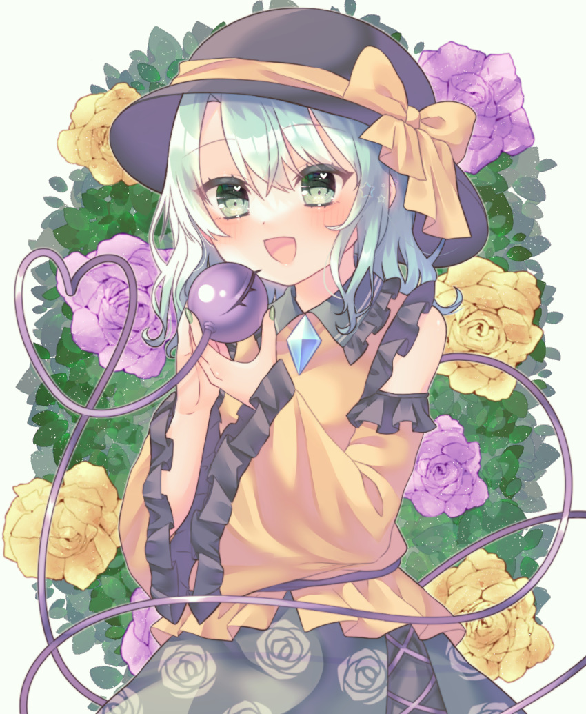 1girl :d adapted_costume blue_flower blue_rose detached_sleeves eyeball floral_print flower hat hayu_(hayu_e) heart heart_of_string highres komeiji_koishi purple_flower purple_rose rose rose_print shirt smile third_eye touhou wide_sleeves yellow_flower yellow_rose yellow_shirt