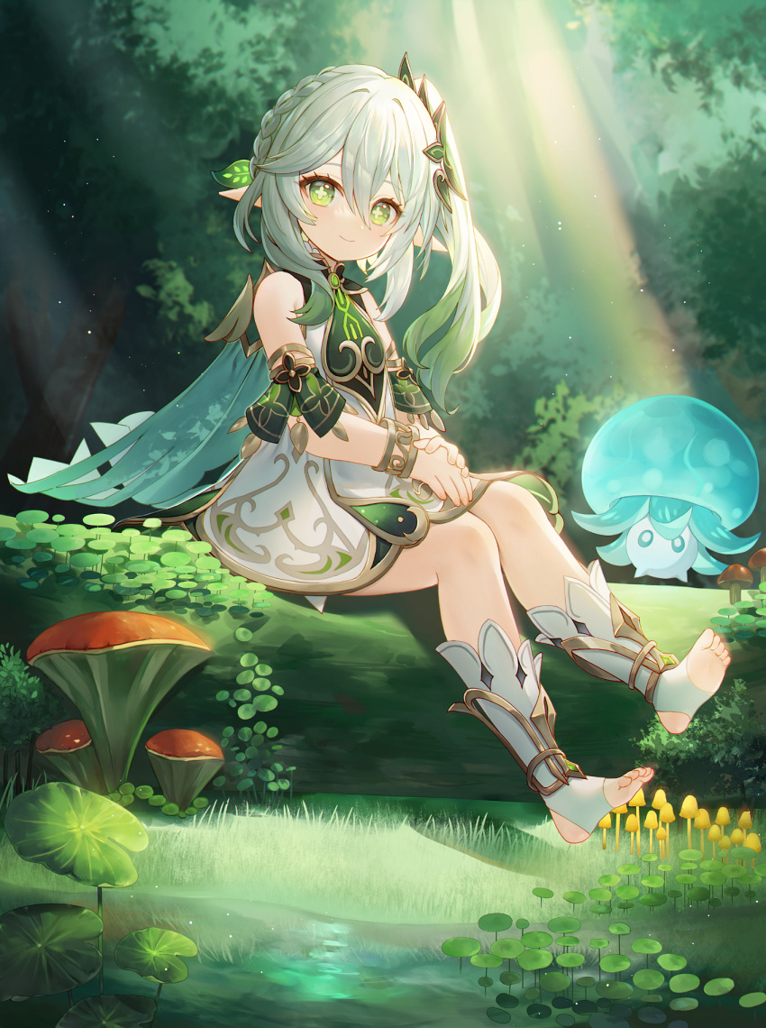 +_+ 1girl abandon_ranka bare_shoulders braid closed_mouth commentary_request day dress forest genshin_impact green_eyes green_hair grey_hair highres long_hair multicolored_hair mushroom nahida_(genshin_impact) nature no_shoes outdoors own_hands_together pointy_ears side_ponytail sitting sleeveless sleeveless_dress smile socks soles stirrup_legwear toeless_legwear tree two-tone_hair white_dress