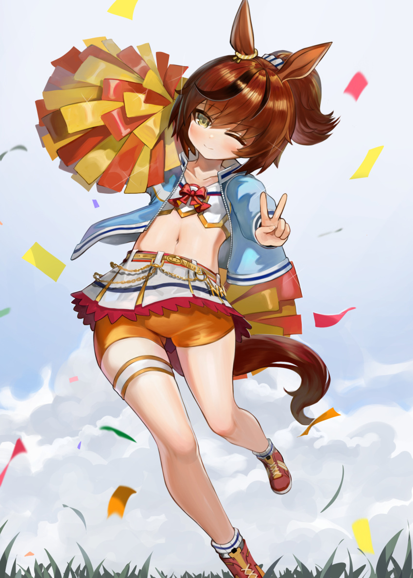 1girl ;) animal_ears black_hair blue_jacket blue_sky blush bow brown_eyes brown_hair cheerleader closed_mouth cloud collarbone commentary confetti crop_top day dokomon highres horse_ears horse_girl horse_tail jacket korean_commentary long_sleeves multicolored_hair navel nice_nature_(run&amp;win)_(umamusume) nice_nature_(umamusume) one_eye_closed open_clothes open_jacket orange_shorts outdoors pleated_skirt pom_pom_(clothes) ponytail puffy_long_sleeves puffy_sleeves red_bow red_footwear ribbed_legwear roar_yell!_tracen_academy_cheerleading_squad_(umamusume) shirt shoes short_shorts shorts skirt sky smile socks solo standing standing_on_one_leg streaked_hair tail umamusume v white_shirt white_skirt
