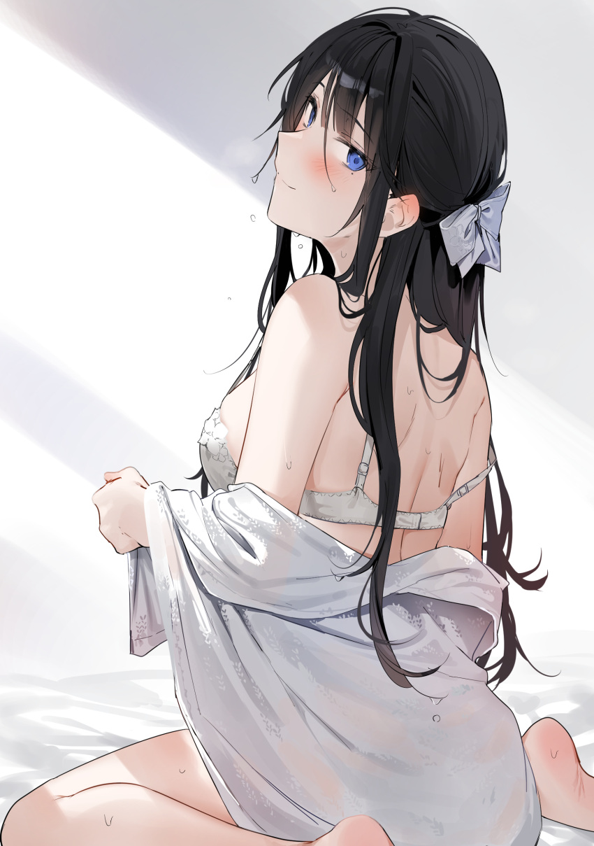 1girl absurdres bangs bare_shoulders barefoot black_hair blue_eyes blush bra breasts closed_mouth from_behind hair_ornament highres large_breasts long_hair looking_at_viewer looking_back mole mole_under_eye off_shoulder original sitting smile solo underwear wariza white_bra xretakex