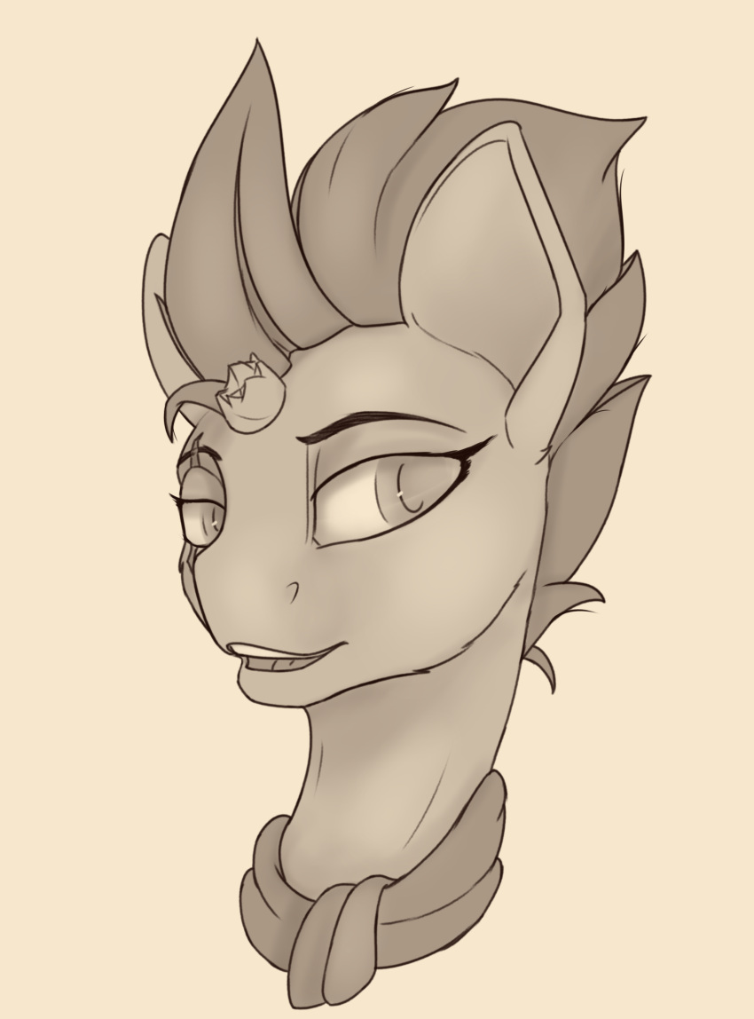 2022 big_ears broken_horn bust_portrait equid equine eye_scar eyelashes facial_scar female feral friendship_is_magic half-closed_eyes hasbro hi_res horn mammal mohawk monochrome my_little_pony my_little_pony:_the_movie_(2017) narrowed_eyes open_mouth portrait scar scarf solo tempest_shadow_(mlp) tenebrisnoctus unicorn