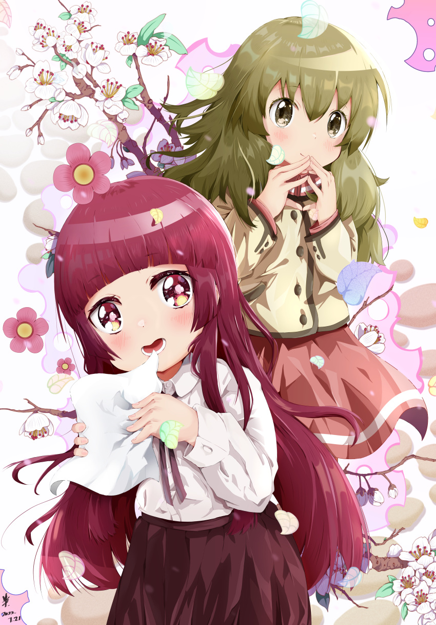 2girls :d absurdres aokaly bangs black_skirt blunt_bangs brown_eyes child dated deaimon flower highres kumichou_musume_to_sewagakari leaf long_hair long_sleeves looking_at_viewer multiple_girls own_hands_together paper red_eyes red_hair red_skirt sakuragi_yaeka shirt skirt smile very_long_hair white_shirt yukihira_itsuka