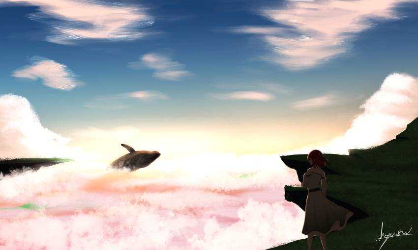 1girl absurdres artist_name cliff cloud cloudy_sky dark dress fantasy flying flying_animal flying_whale h_yuusui highres long_dress nature original outdoors scenery short_hair signature sky solo whale