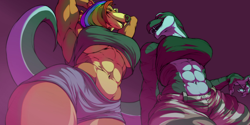 abs absurd_res alizea_(blackie94) allandox anthro clothed clothing duo ember_mccleod female hair hi_res low-angle_view macro mammal multicolored_hair muscular muscular_female rainbow_hair reptile scalie simple_background snake ursid