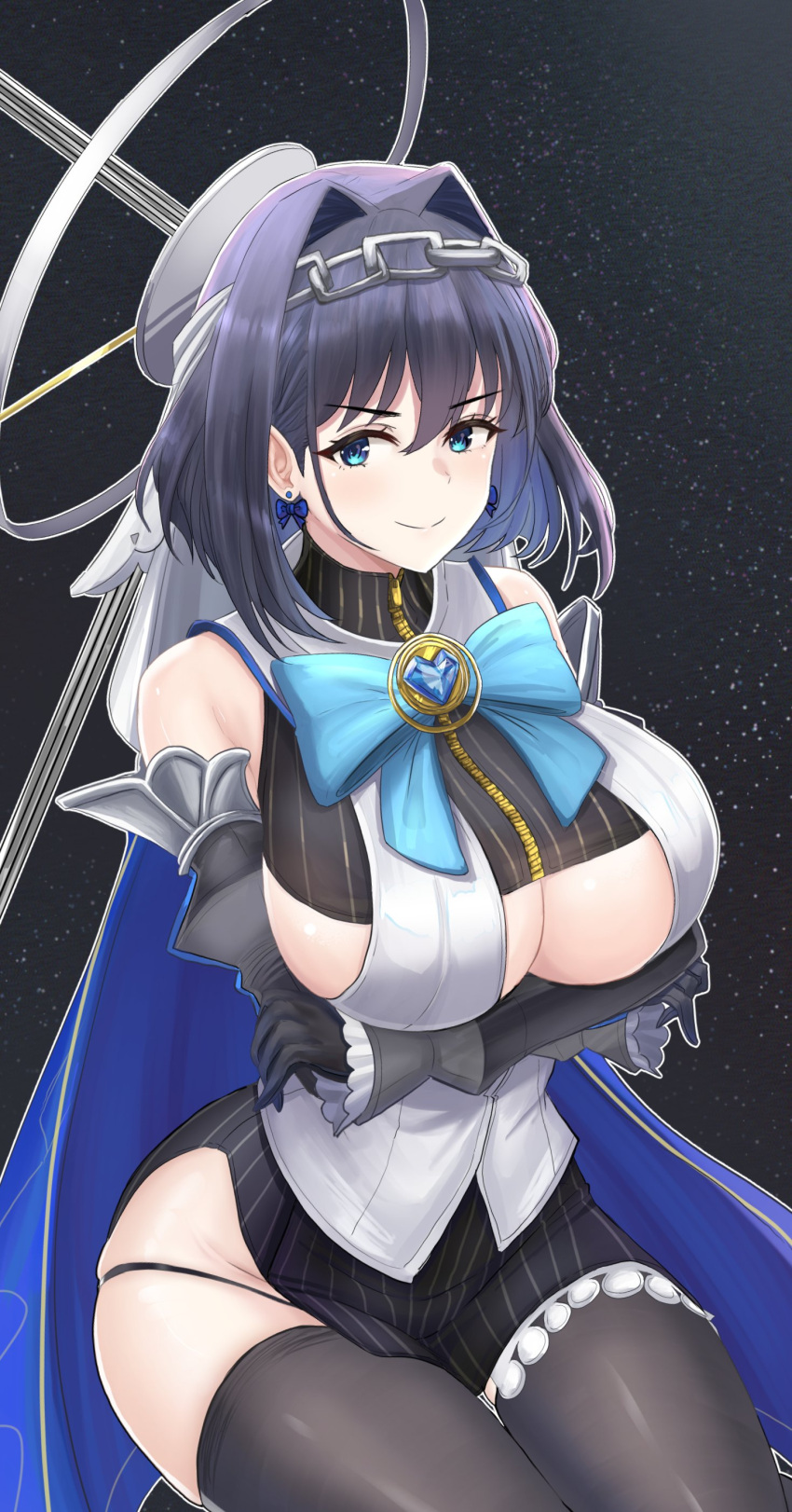 1girl absurdres arms_under_breasts bangs black_skirt blue_bow blue_bowtie blue_cape blue_eyes blue_hair blush bow bow_earrings bowtie breasts cape crossed_arms desspie detached_sleeves earrings hair_bow hair_intakes hair_ornament highres hololive hololive_english invisible_chair jewelry large_breasts long_hair looking_at_viewer mechanical_halo ouro_kronii shirt sitting skirt smile striped striped_skirt sweatdrop underboob v-shaped_eyebrows vertical-striped_skirt vertical_stripes virtual_youtuber white_shirt