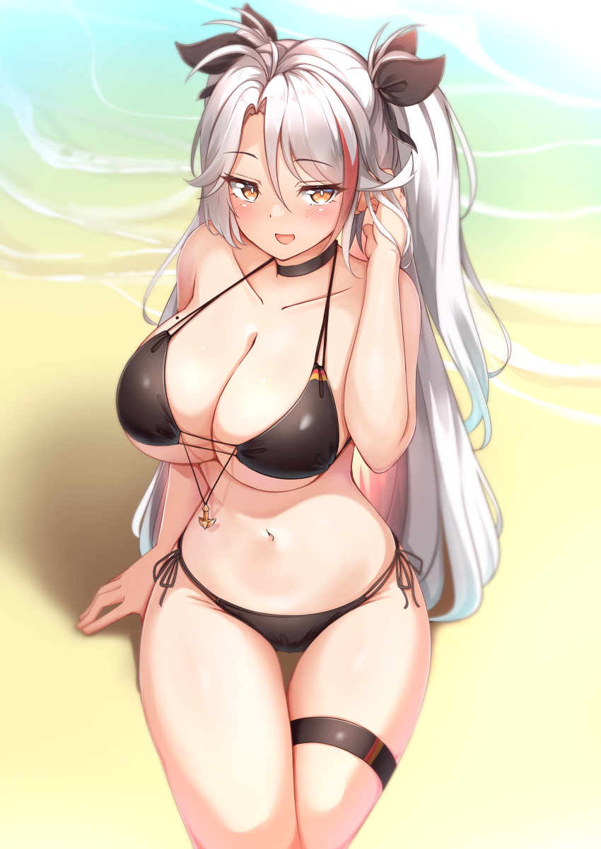 1girl :q absurdres azur_lane bangs bare_arms bare_shoulders beach bikini black_bikini black_choker black_ribbon blush breasts brown_eyes choker cleavage collarbone groin hair_between_eyes hair_ribbon hand_up highres large_breasts long_hair moyoron multicolored_hair navel official_alternate_costume open_mouth parted_bangs prinz_eugen_(azur_lane) prinz_eugen_(unfading_smile)_(azur_lane) red_hair ribbon sand side-tie_bikini skindentation smile solo streaked_hair swimsuit thigh_gap thigh_strap tongue tongue_out two_side_up very_long_hair water white_hair