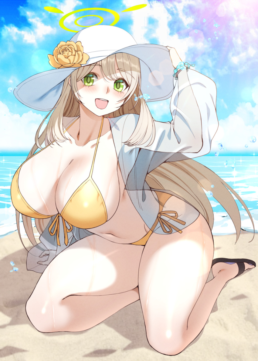 1girl beach bikini black_footwear blue_archive breasts carcass_(artist) cleavage day flower front-tie_bikini front-tie_top full_body green_eyes hat hat_flower highres huge_breasts light_brown_hair long_hair looking_at_viewer nonomi_(blue_archive) nonomi_(swimsuit)_(blue_archive) outdoors sandals see-through side-tie_bikini smile solo sun_hat swimsuit thighs white_headwear yellow_bikini yellow_flower