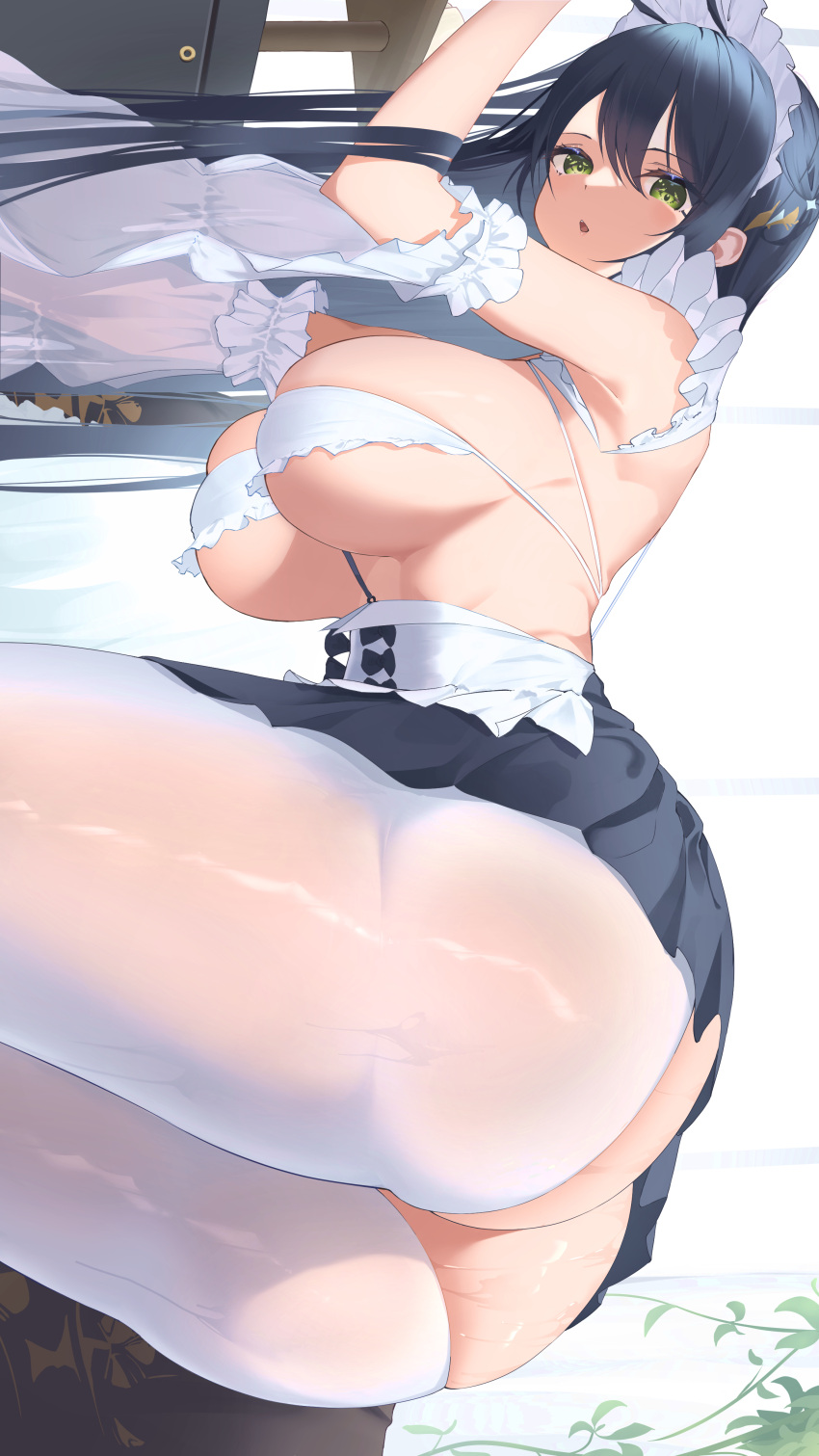 1girl absurdres ass azur_lane bent_over black_hair braid breasts commentary_request detached_sleeves french_braid from_side green_eyes hai_maker hair_between_eyes hanging_breasts highres indomitable_(azur_lane) indomitable_(ms._motivationless_maid)_(azur_lane) large_breasts long_hair looking_at_viewer maid maid_headdress official_alternate_costume pantyhose see-through skindentation skirt solo thighs underboob wet wet_clothes white_pantyhose