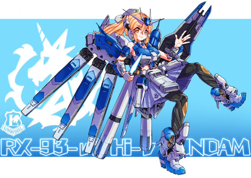 1girl absurdres ag_00000 bangs beam_saber bit_(gundam) blonde_hair blue_background breasts char's_counterattack char's_counterattack_-_beltorchika's_children character_name cleavage commentary emblem fin_funnels full_body group_name gundam hi-nu_gundam high_ponytail highres holding holding_weapon jewelry long_hair looking_at_viewer mecha_musume ponytail ring shield sidelocks smile solo two-tone_background v-fin weapon white_background yellow_eyes