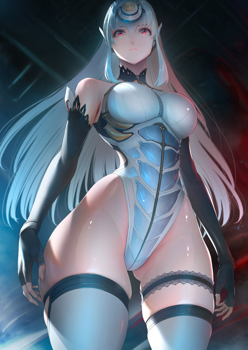 1girl android bangs bare_shoulders black_gloves blue_hair breasts elbow_gloves eyelashes fingerless_gloves fingernails forehead_protector from_below gloves hair_intakes highleg highleg_leotard highres imizu_(nitro_unknown) kos-mos large_breasts leotard long_hair looking_at_viewer looking_down red_eyes skindentation solo steam thighhighs thighs white_leotard white_thighhighs xenosaga zipper